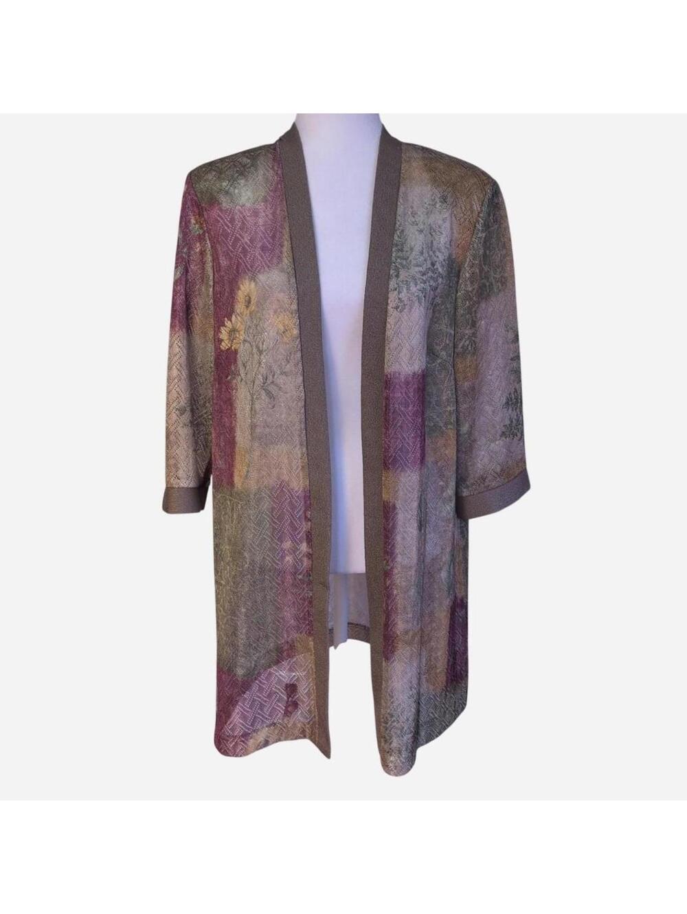 1990s R&M Richards By Karen Kwong Watercolor Floral Sheer Duster Petite Medium